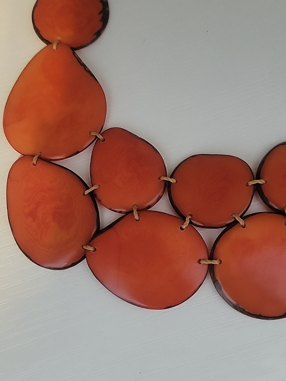Handcrafted Orange Tagua seed Statement Necklace with Ribbon Tie - Picture 3 of 3
